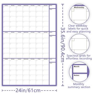 TEMU 3개월용 건식 지우개 달력 | 35.6×24인치 연월일 미표기형 플래너 | 월간 계획 섹션이 있는 일일 블록 레이아웃 | 화이트보드 마커 4개 및 양면 포스트잇 포함 | 사무실, 가정, 교실, 팀 프로젝트 계획에 적합