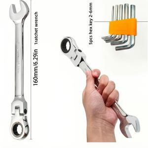 TEMU 6개입 다기능 렌치 공구 세트, 크롬 바나듐 강철 초고내구성 소재, 회전식 듀얼헤드 콤비네이션 렌치, 72톱니 정밀 기어로 실용성 향상, 리버서블 토크 조절 기능, 인체공학적 그립 - 자동차 수리, 자전거, , 범선 유지보수용 공구로 이상적, 래칫 렌치 1개 및 육각 렌치 5개 포함