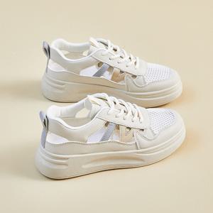 TEMU 2026 여름 신상 화이트 스니커즈 | 한국 스타일 인스 여성 학생 키높이 홀리 메쉬 통기성 캐주얼 스트리트 스타일, 폴리우레탄 갑피, 패브릭 내부 및 밑창, 고무 밑창, 레이스업 클로저