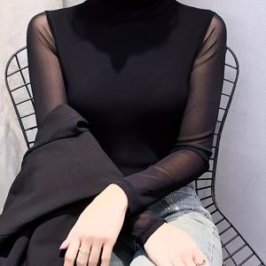 TEMU 메쉬 패널 장식의 우아한 하이넥 블ouses - 단색 신축성 있는 블랙 상의, 기계 세탁 가능, 레이어드, 사무실, 캐주얼 및 평상복용으로 적합