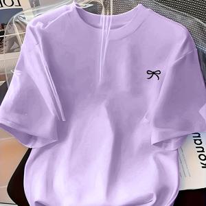 TEMU 새로운 패션 여성용 라운드넥 디자인, 쉬운 예술적인 리본 패턴 프린트, 캐주얼하고 편안한 데일리룩에 완벽한 활용도 높은 반팔 티셔츠