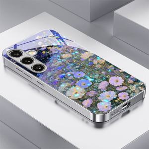 TEMU 폰 케이스: 밤하늘 아래 판타지 꽃무늬 바다 패턴의 새로운 전기도금 유리 휴대폰 케이스, 삼성 S26, S25, S24, S23, S22, S21, S20, NOTE20, NOTE10, A55, A54, A53, A52, A36, A35, A33, A23, A15, A14, A13, A05 호환, 얼룩 방지, 스타일리시하고 트렌디함