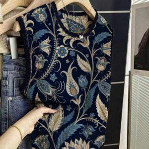 TEMU 여성용 슬리브리스 블라우스 탑 - 대비 트림 & 빈티지 페이즐리 프린트, 라운드넥 슬리브리스 블라우스 셔츠, 중간 신축성으로 사계절 착용 가능, 캐주얼 엘레강스 레이어링, 손세탁 가능, 외출용