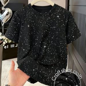 TEMU KCVR 블랙 스팽글 탑 여성 여름 루즈핏 라운드넥 티셔츠 글리터 반짝이 캐주얼 반팔 데이트/파티/축제/뮤직 페스티벌에 적합 고품질 여름 티셔츠