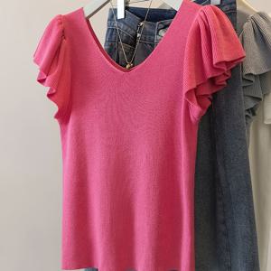 TEMU 여름 로즈 레드 V넥 러플 셔츠 여성 슬림핏 디자인 니치 탑 스위트 앤 스파이시 스타일 아이스 원단 칙체제 데이트룩, 칙체제 로맨틱 데이트, 모임, 여름 마켓 및 기타 장면에 적합, 통기성, 피부 친화적