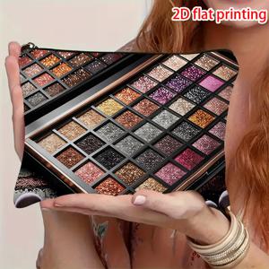TEMU 메이크업 가방 1개, 2D 평면 프린팅, 골든, 브라운, 그레이, 블랙, 퍼플, 핑크, 레드 색상의 아이섀도우 팔레트 패턴, 지퍼 클로저, 휴대용, 여행용, 데일리용, 여성을 위한 선물, 축제용, 2D 평면