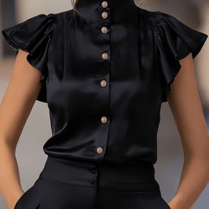 TEMU 새로운 봄/여름 스타일 우아한 하이넥 오픈 프론트 싱글 브레스트 디자인 패셔너블한 페탈 슬리브 반팔 플러터 슬리브 세련된 단색 여성용 셔츠 다용도 출퇴근용 블라우스 휴일 파티용 여성 반팔 셔츠 ASD1 디렉셔널