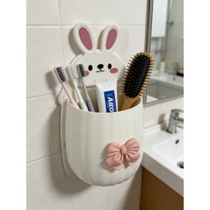 TEMU 리본 장식이 있는 귀여운 토끼 수납대 1개, 공간 절약형 벽걸이형 칫솔 칫솔재 홀더, 욕실 장식 액세서리