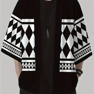 TEMU 패셔너블하고 다용도 일본 스타일 기모노 가디건, 폴리에스터 소재, 마름모 기하학 패턴, 앞면 오픈 플래킷, 버튼 없는 3/4 소매, 숄 탑 디자인