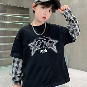 TEMU 남아용 페이크 투피스 티셔츠, 남아용 의류 패치워크 탑 봄 가을 신상 탑, 체크 무늬 라운드넥 긴소매, 루즈핏 캐주얼 편안한 드롭숄더 소매, 야외 스포츠 의류에 적합