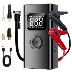 TEMU 에어 컴프레서 포함 점프 스타터, 차량 배터리 점프 스타터 (5.0L 가솔린/3.0L 디젤) 150PSI 타이어 공기 주입기 12V 차량 배터리 점프 파워, LED 라이트 포함 1500mAh 파워뱅크, Type-C 고속 충전 지원
