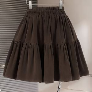TEMU ZJ1201011 여성용 브라운 코듀로이 A라인 스커트, 레이어드 러플 밑단과 신축성 허리밴드, 빈티지 봄/여름 캐주얼 웨어