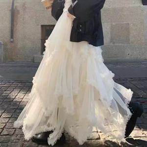 TEMU 고무줄 레이스로 제작된 하이웨이스트 미디엄 길이 A라인 스커트, 폼폼 케이크를 닮은 디자인