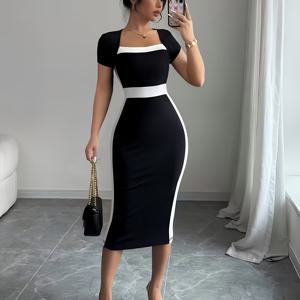 TEMU 여성용 컬러 블록 스퀘어 넥 바디콘 미디 드레스 - 반소매, 대비 트림, 우아한 파티 루스터테일 드레스