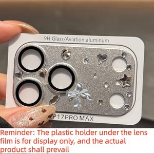 TEMU 아이폰 17 Pro Max 및 17 Pro용 하트 모양 투명 오렌지 케이스가 디자인된 시크하고 사랑스러운 스파클링 리본 라인스톤 컬러풀 클리어 카메라 필름 보호기