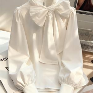 TEMU 보우 셔츠, 프렌치 엘레강스 블라우스 퍼프 슬리브 탑 대형 보우 넥타이 셔츠 하이 스탠드 칼라 여성 셔츠 오피스 출퇴근룩 봄 여름 패션 루즈핏 플로이 핏 셀프 타이 리본 디자인 공주 스타일 블라우스 데이트 이브닝 엘레강스 탑 2025 시즌 트