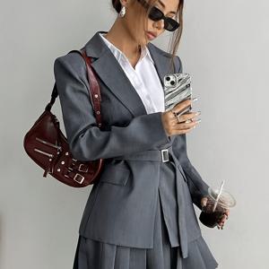 TEMU 2025년 신상 패션 정장 플리츠 스커트 세트, 성격 넘치는 통근복 여성용 정장 재킷