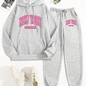 TEMU 레터 프린트 투피스 세트, 후드티 & 팬츠, 여성 의류