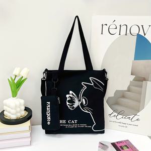 TEMU 여성용 가방 세트: 귀여운 고양이 프린트 크로스백과 소형 동전지갑이 포함된 패션 숄더백, 외출에 완벽한 아이템