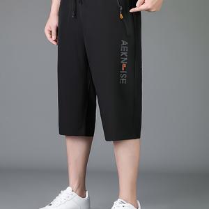 TEMU 남성 캐주얼 스포츠 카프리스 - 통기성 좋은 속건성 디자인, 지퍼 포켓, 드로스트링 허리 밴드, 레터 프린트, 야외 활동 및 데일리룩에 적합