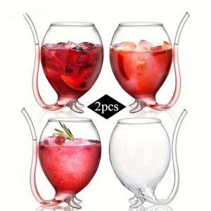 TEMU 2개입 вам프 테마 14온스 칵테일 글라스, 내장형 빨대 및 손잡이 포함, 와인, 주스, 샴페인용 재사용 가능한 유리 용기 - 할로윈, 발렌타인데이, 테마 파티에 적합, 테마 칵테일 글라스 | 스퀴키 테마 장식