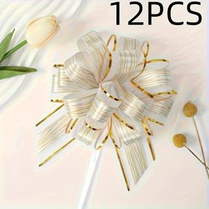 TEMU 12개입 화이트 & 골드 리본 보우 - 헤비듀티 플라스틱 와이드 리프 팁 디자인, 웨딩, 크리스마스, 발렌타인데이 선물 포장, 파티 장식에 이상적 - 골드 , 대용량 팩 - 박스, 바구니, 이벤트 장식용 내구성 리본