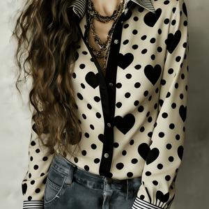 TEMU 여성용 신상 프렌치 스타일 엘레강스 패션 하트 프린트 긴소매 셔츠