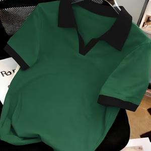 TEMU 패셔너블 다기능 여성 폴로 셔츠 | 통기성 섬유 원단, 반팔, 캐주얼 루즈핏, 칼라 디자인, 단색 - 그린, 다양한 출퇴근 상황에 적합