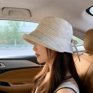 TEMU 가벼운 러플 귀여운 스타일 햇빛 가리개 여름 모자 2025년 신상 체크무늬 햇빛 가리개 휴대용 여행용 다용도 버킷햇