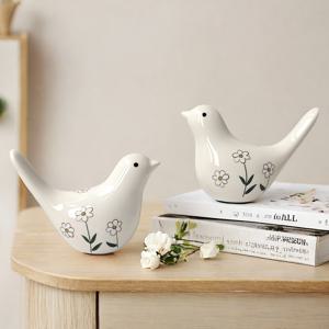 TEMU 2개 세트 핸드페인팅 노르딕 세라믹 새 조형물 - 홈 데스크탑 장식용, 스칸디나비아 스타일 데이지 도자기 장식품, 새와 꽃 패턴, 선반, 테이블, 벽난로 디스플레이용
