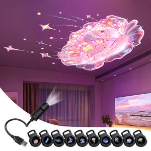 TEMU 10개 패턴 크리에이티브 LED 야간 장면 , 몽환적인 LED 프로젝션 야간 조명, USB 360° 회전 LED 프로젝터, 로즈, 고래, 나비, 구름, 하트, 행성, 깃털 10가지 디자인 포함, 방, 침대 옆에 적합