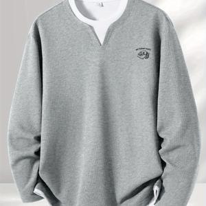 TEMU 2026 패션 트렌디 브랜드 프린팅 어머니의 날 크리에이티브 레터링 패턴 와플 니트 2-in-1 룩 긴팔 티셔츠, 남성용 신상 캐주얼 루즈핏 아웃도어 스포츠 통기성 오버사이즈 상의