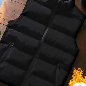 TEMU 남성용 경량 보온 조끼 - 내장 포켓, 스탠드 칼라, 루즈핏, 폴리에스터 충전재, 가을/겨울 캐주얼 스타일, 겨울 조끼, 두꺼운 남성용 조끼