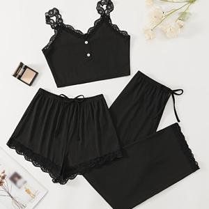 TEMU 골지 원단의 편안한 여성용 파자마, 섹시한 레이스 캐미솔 상의 & 캐주얼 반바지/라운지 팬츠 파자마 3종 세트
