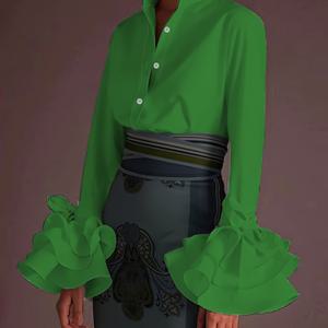 TEMU 여성용 우아한 출퇴근용 라펠 러플 멀티 레이어 커프 슬림 롱 슬리브 셔츠