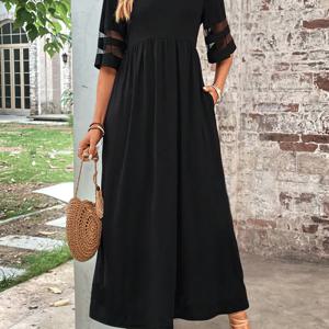 TEMU 타겟 개발 - 새로운 패션 메쉬 스플라이싱 슬리브 롱 헴 드레스