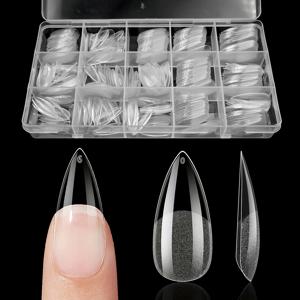 TEMU 15가지 다양한 사이즈의 중간 스틸레토 네일 330개가 들어있는 박스. 이 프레스온 팁은 프리 매트 엔드가 특징이며 풀 또는 하프 커버리지용으로 설계되었습니다. 물방울 모양이며 투명합니다.