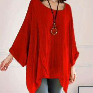 TEMU 여성용 신상 티셔츠, 미디-롱 슬리브 단색 루즈 라운드넥 배트윙 탑