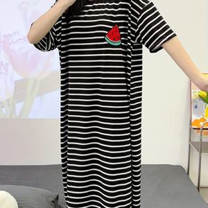 TEMU 수박 패턴 여름 경량 루즈핏 줄무늬 여성 잠옷 가운, 스위트 스타일 여성 홈 드레스, 캐주얼 가정용 가운, 여름 성인 파자마, 홈웨어, 여름 라운드넥 풀오버 가정용 가운, 반팔 롱 드레스