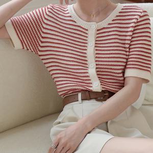 TEMU 프렌치 스타일 시크한 레드 여성용 반팔 티셔츠, 가을 크롭 빈티지 클래식 엘레강스 스타일 라운드넥 탑 가디건