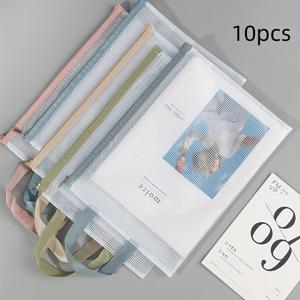 TEMU 10개 세트 밝은 메시 지퍼 파우치 - 아이템 정리를 위한 튼튼한 나일론 파우치, A4 사이즈 시스루 파우치 (휴대 손잡이 포함), 학교 및 사무실에 적합