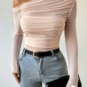 TEMU 여성용 오프숄더 러플 티셔츠