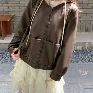 TEMU 여성용 봄가을 사계절 활용형 후드 인조 자켓, 심플한 루즈핏 지퍼 통근 캐주얼 PU 자켓