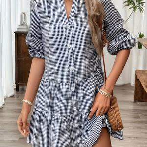 TEMU 태산 방향성 린 Jia - 귀여운 캐주얼 바캉스 패션 V넥 케이크 드레스 격자 무늬 여성 드레스