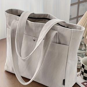 TEMU 오리지널 디자인 가을 겨울 지퍼, 신상 코듀로이 출퇴근 숄더 토트백, 문학적 스타일의 캐주얼 나일론 여성 가방