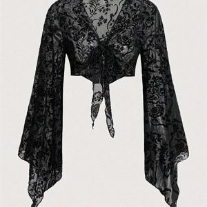 TEMU 우아한 레이스업 V넥 카디건 - 플로럴 플로킹 쉬어 메쉬, 폴리에스터 블렌드 (폴리에스터 95%, 엘라스테인 5%), 긴 소매, 짧은 길이 니트 원단 - 모든 계절에 스타일리시한 상의