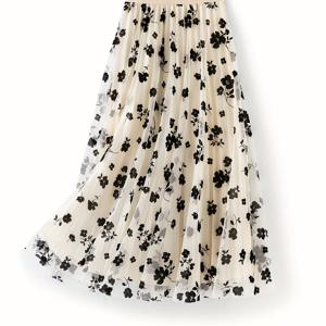 TEMU 봄가을 기품 있는 메쉬 입체 프лок 하프 스커트, 하이웨이스트 주름 안감 A라인 롱 스커트, 출퇴근용 활용도 높은 요정 스커트