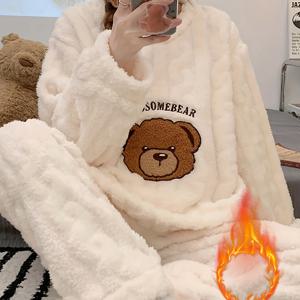 TEMU 신상 가을/겨울용 두껍고 따뜻한 파자마 세트, 자카드 플러시 긴소매 곰 상의와 플란넬 바지, 겨울 수면복 세트
