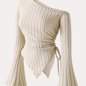 TEMU 팅윤 여성용 우아한 오프숄더 리브드 탑 & 비대칭 밑단 - 베이지 슬림핏 스트레치 티셔츠, 봄/여름 패션, 독특한 숄더 디자인, 편안한 착용감, 세탁기 사용 가능