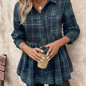TEMU 체크무늬 버튼 프론트 셔츠, 캐주얼 롱 슬리브 라펠 칼라 셔츠, 봄 & 가을 여성 의류